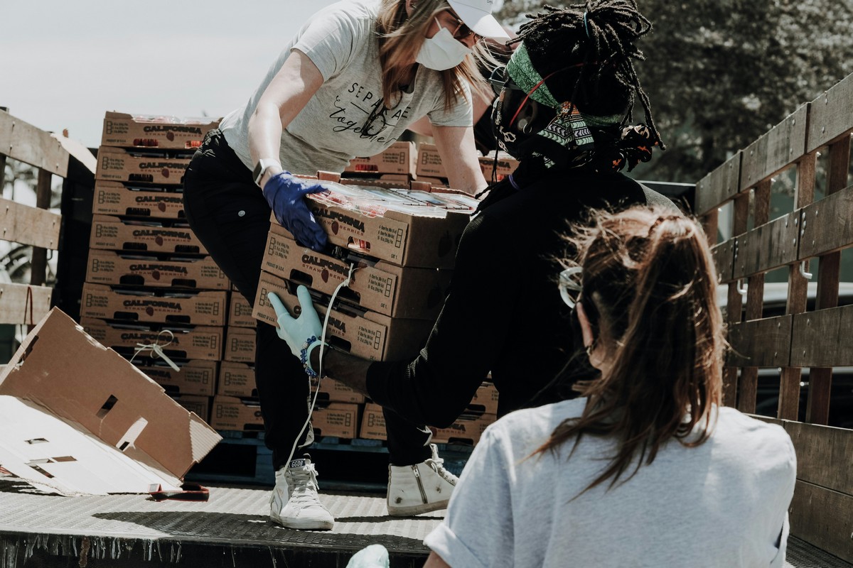 Volunteers unloading donation truck